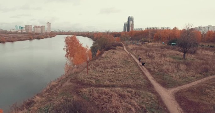 Aerial shot of golden trees on river bank during autumn season. People walking along the footpath near river bank. Moscow suburbs, Strogino district, Russia.