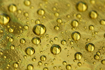 Fototapeta na wymiar Drops on a gold background , shallow depth of field
