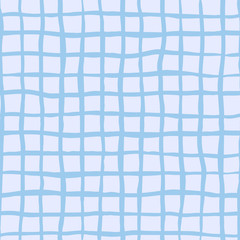 Checked, square, plaid vector seamless pattern. Vertical and horizontal hand drawn crossing blue stripes. Chequered geometrical background.