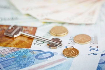 Euro money: closeup of banknotes and coins