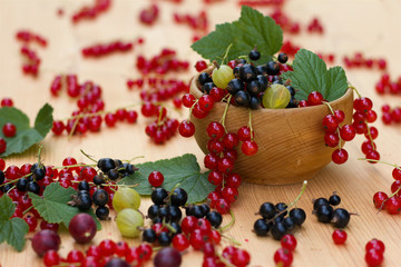Black, red currants and gooseberries in a wooden bowl, scattered small organic fruit on wooden table 