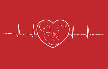 Baby on heart concept linear design vector. Heart beat graph of a pregnant woman.