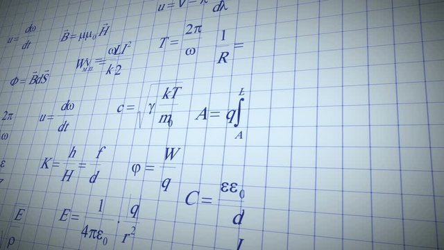  Physic math formulas written by blue pen on notebook page.Good for sciense titles and background, news headline business intro screensaver and opener. School education presentation, diploma project.
