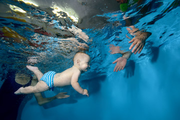 Happy kid swimming underwater in the pool from mommy to daddy on a blue background. Horizontal orientation.