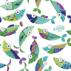 Multi-colored decorated fishes. Seamless background pattern.