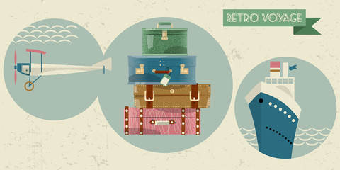 Stack of vintages suitcases. Bon Voyage card, retro style.