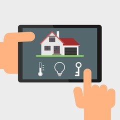 Fototapeta na wymiar Smart home remote control by tablet. Vector illustration. Simple flat design.
