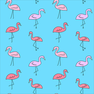 seamless pattern vector pink flamingo on blue background