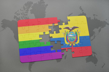 puzzle with the national flag of ecuador and gay rainbow flag on a world map background.