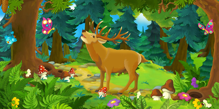 Cartoon scene with happy wild deer standing in the forest - illustration for children