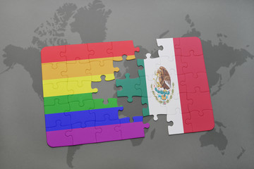 puzzle with the national flag of mexico and gay rainbow flag on a world map background.