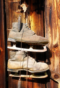 antique old style retro object assemblage on a wooden wall, rustic stile. Old skates.