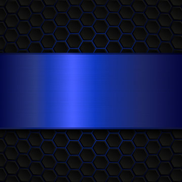 Geometric pattern of hexagons with blue metallic banner. Abstract metal template background