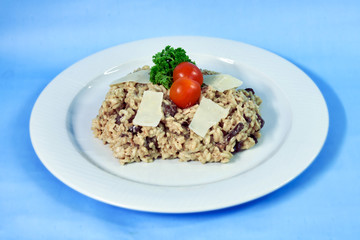 Modern food on a white plate and blue background