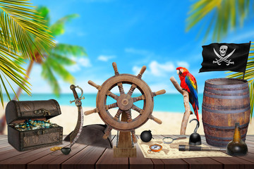 Pirate table with ship wheel, treasure, map, rum, compass and knife. Palm tree on the beach and sea...