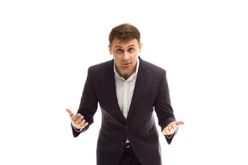 Handsome businessman spreads his arms