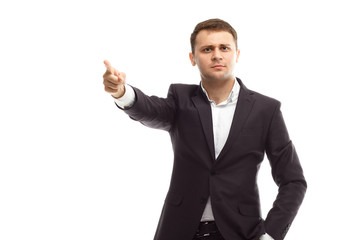 Handsome businessman shows finger forward