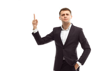 Handsome businessman shows finger forward