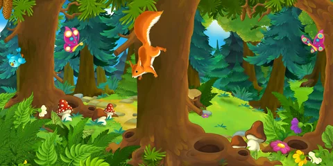 Gartenposter Cartoon scene with happy squirrel on the tree - in the forest - illustration for children © agaes8080