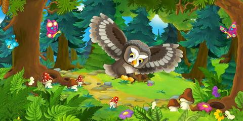 Fototapeta premium Cartoon scene with happy flying owl - in the forest - illustration for children