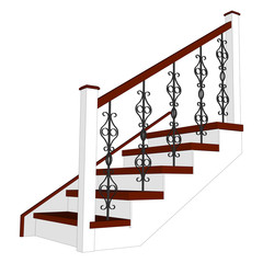 Sample traditional staircase with wrought openwork  railing. Ladder 3d icon side view isolated. Vector illustration on white background.