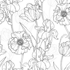 Vector Vintage Black White Flowers Drawing Seamless Repeat Pattern With Tulips, Poppies, Iris In Classic Retro  Style Textile Design