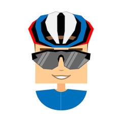 Cyclist with tricolore cycling helmet and black sunglasses. Flat style character, square head style. Avatar icon. Vector illustration.
