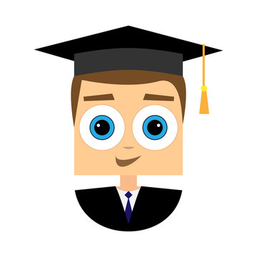 Graduated student. Flat style character, square head style. Avatar icon. Vector illustration.