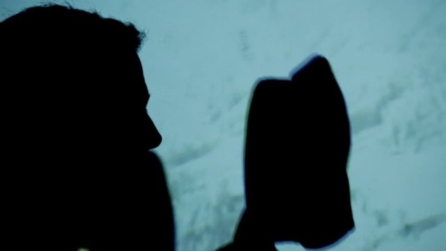 silhouetted military officer in front of projected WWII aerial footage