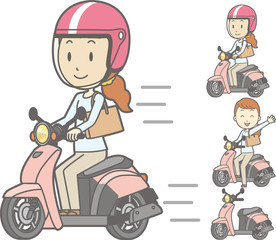 スクーターに乗る女性(手を挙げるポーズと車体単品をセット)