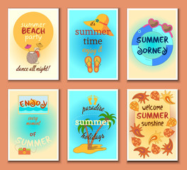 collection of bright summer hand drawn card set. Beautiful posters and journal cards