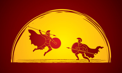 Spartan warrior fighting with a spear designed on moonlight background graphic vector.