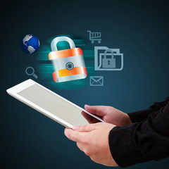 Businessman holding a tablet and showing concept of online busin