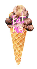 Watercolour chocolate cone ice cream illustration with Eat Me message