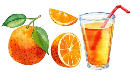 Watercolour illustration of orange juice glass