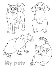 black and white image of a cat, rat, rabbit and dog- suitable for a child's coloring, and not only. For your convenience, each significant element is in a separate layer.