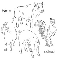 black and white image of a bull, cock, pig and goat