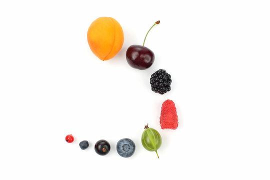 different juicy berries laid out in order on a white background
