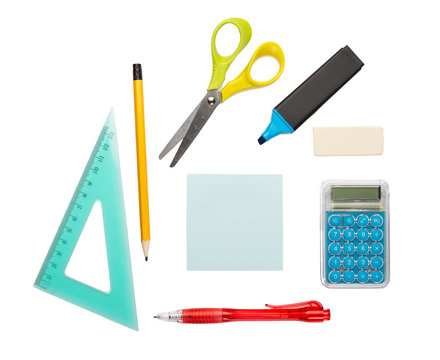 Assortment of school supplies isolated on white background