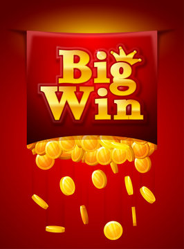Big win poster with Falling golden coins. Big Win banner. playing cards, slots and roulette.