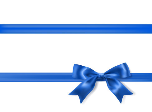 Royal Blue Silky Bow And Ribbon Border On White Background. Vector