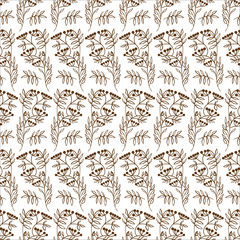 Hand drawing decorative floral and herbs silhouette seamless pattern