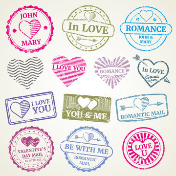 Romantic postage stamp vector set for wedding and Valentines Day post card, invitation design. Stamp in form heart and stamp for postcard illustration