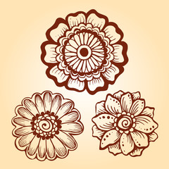 Set of hand drawn mehendi flowers. Can be used for coloring books, tattoo, greeting cards and others