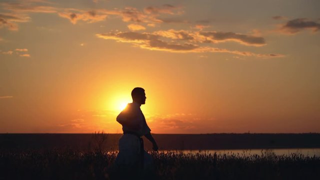 Silhouette of man training karate at sunset.