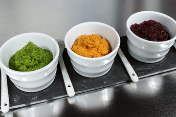 Healthy snacks - four colorful vegetable mousses