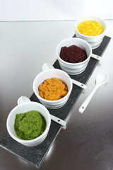 Healthy snacks - four colorful vegetable mousses