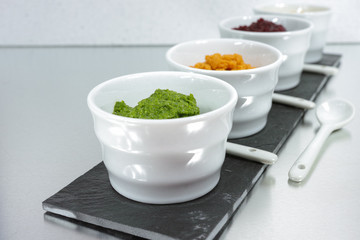 Healthy snacks - four colorful vegetable mousses