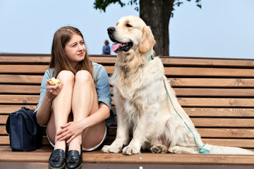 Young woman with dog golden retriever in a summer city