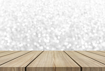 wooden table on white silver glitter background